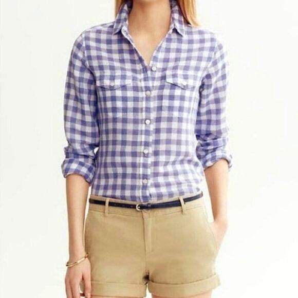 Banana Republic Tops - Banana Republic Linen Cotton Gingham Checked Soft Wash Button Down Shirt Size XS
